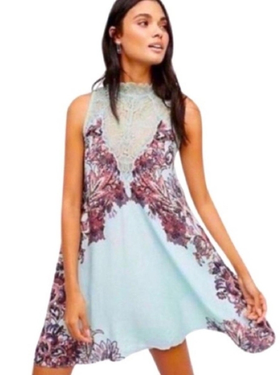 Free People Dresses & Skirts - Free People Sleeveless Lace-Neck Floral Swing Dress in Light Blue and Mauve
